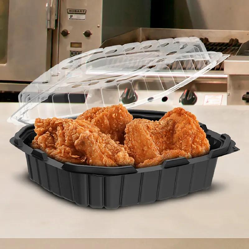 Take-Out Container Hinged With Dome Lid 10X10 IN PP Black Clear Square Anti-Fog 120/Case