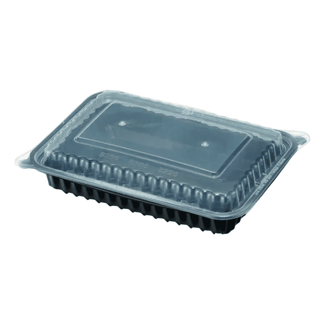 Take-Out Container Base & Lid Combo With Dome Lid 38 OZ Plastic Black Clear Oblong 150/Case