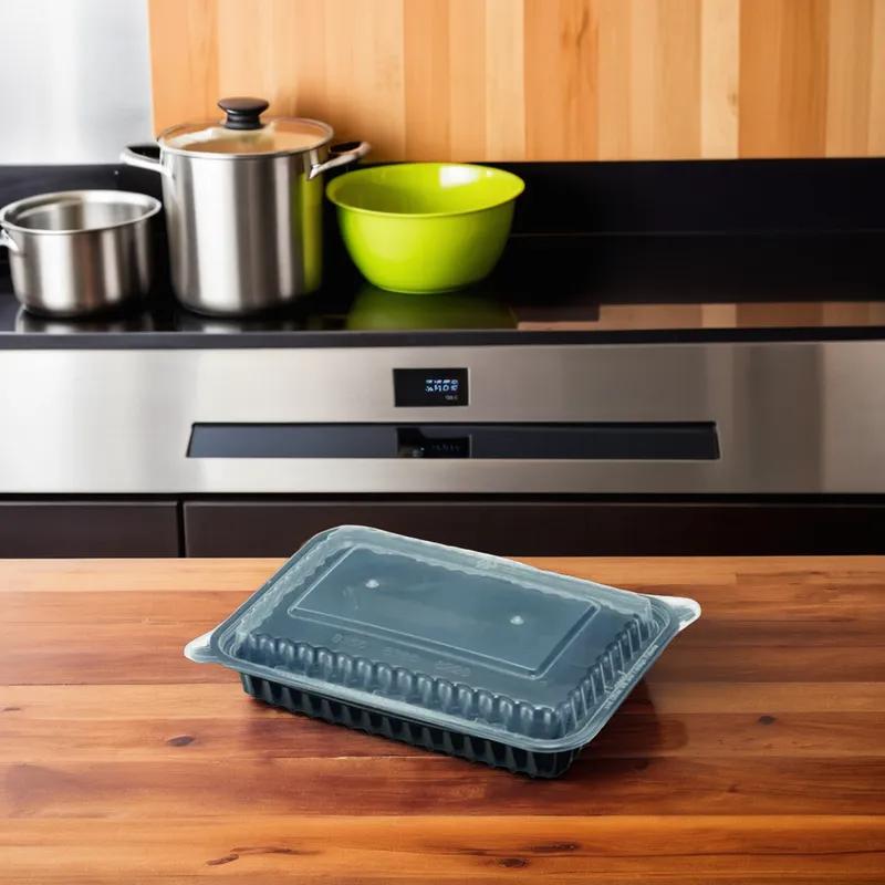 Take-Out Container Base & Lid Combo With Dome Lid 38 OZ Plastic Black Clear Oblong 150/Case