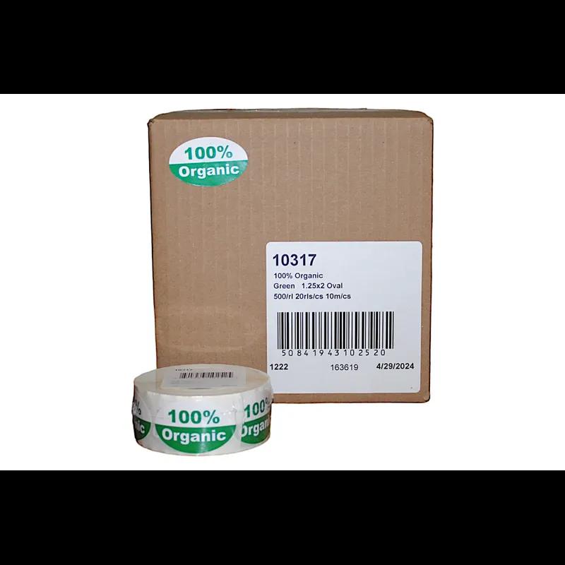 100% Organic Produce Label 1.25X2 IN Green Oval 500 Count/Roll 20 Rolls/Case 10000 Count/Case