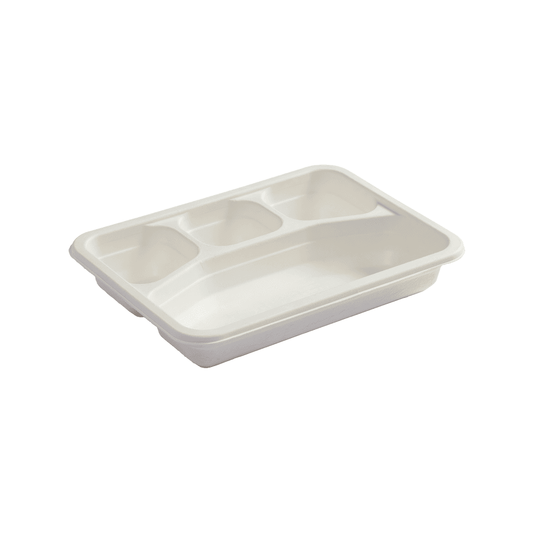 Take-Out Container Base 10.75X8 IN 4 Compartment Sugarcane White Rectangle 200/Case