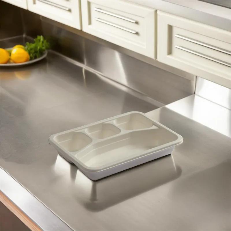 Take-Out Container Base 10.75X8 IN 4 Compartment Sugarcane White Rectangle 200/Case