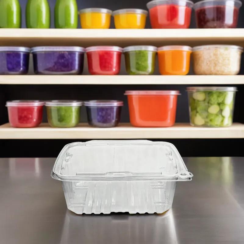 Deli Container Hinged With Flat Lid 64 OZ RPET Clear Rectangle Tamper-Evident 134/Case