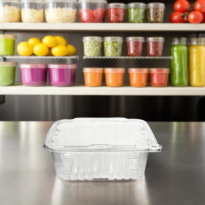 Deli Container Hinged With Flat Lid 64 OZ RPET Clear Rectangle Tamper-Evident 134/Case