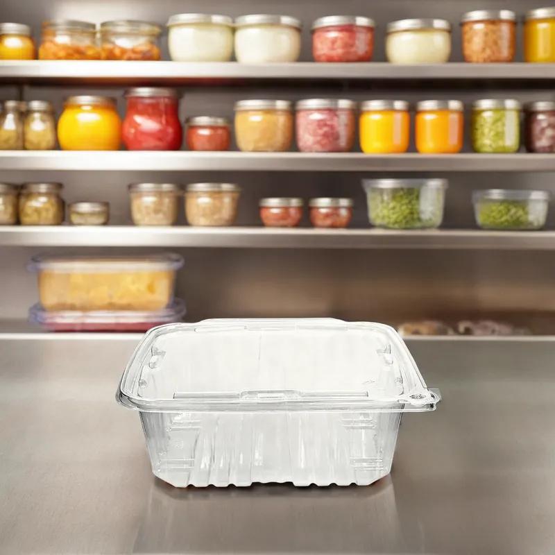 Deli Container Hinged With Flat Lid 64 OZ RPET Clear Rectangle Tamper-Evident 134/Case