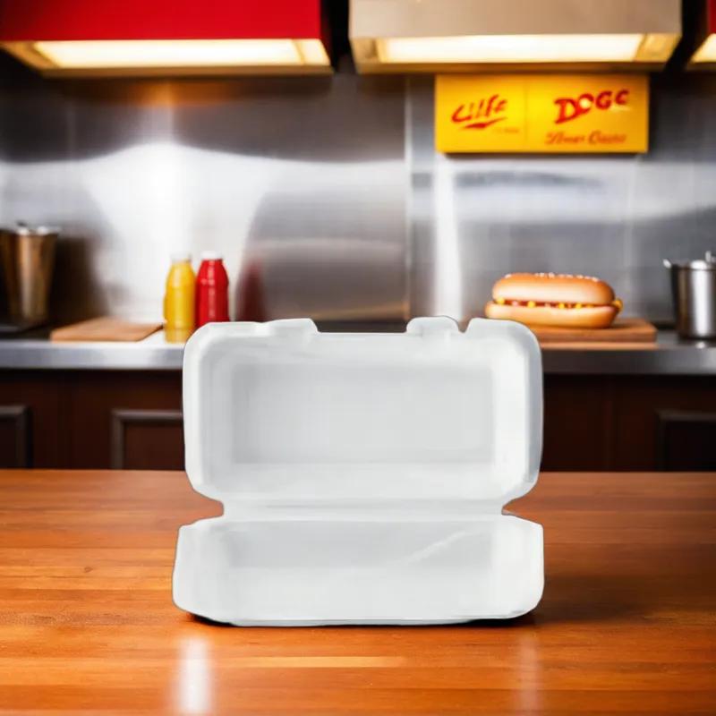 Hot Dog Take-Out Container Hinged With Dome Lid 3.5X7.5X2.6 IN Polystyrene Foam White Rectangle 500/Case