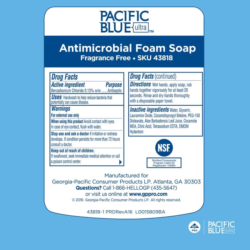Pacific Blue Ultra™ Hand Soap Foam 1200 mL Unscented Fragrance Free Clear Antimicrobial 4800/Case
