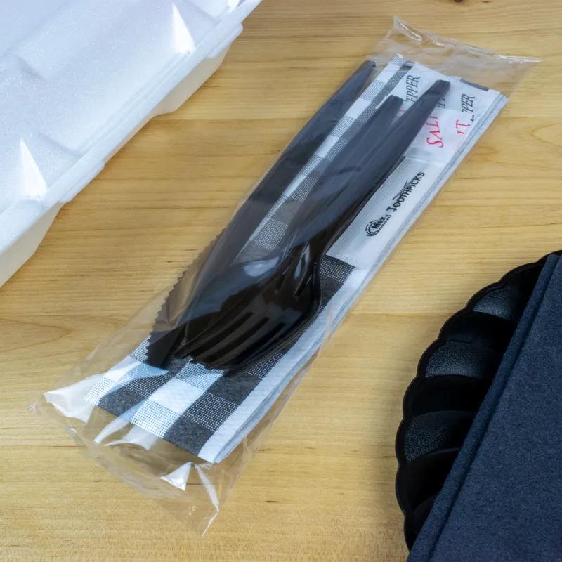 7PC Cutlery Kit PP Black Heavy Duty Individually Wrapped With Napkin,Fork,Knife,Salt & Pepper,Spoon,Toothpick 200/Case