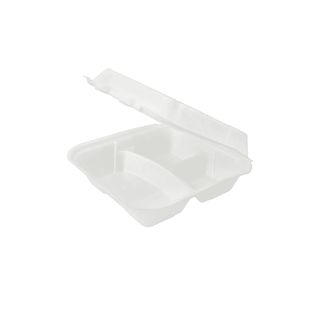 Take-Out Container Hinged With Dome Lid 9X9 IN 3 Compartment Polystyrene Foam White Square 200/Case