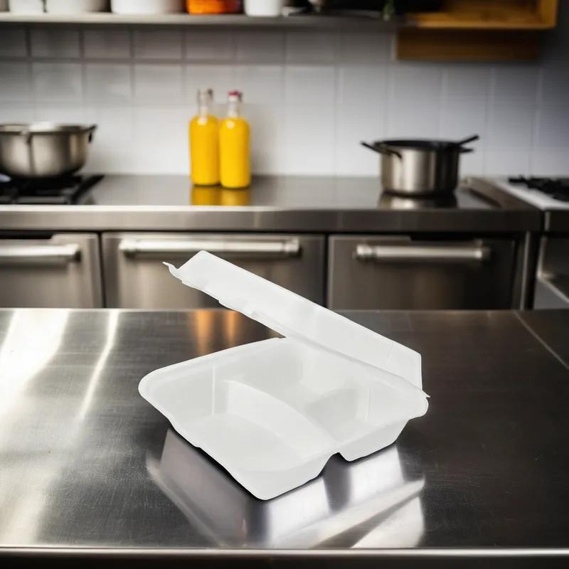 Take-Out Container Hinged With Dome Lid 9X9 IN 3 Compartment Polystyrene Foam White Square 200/Case