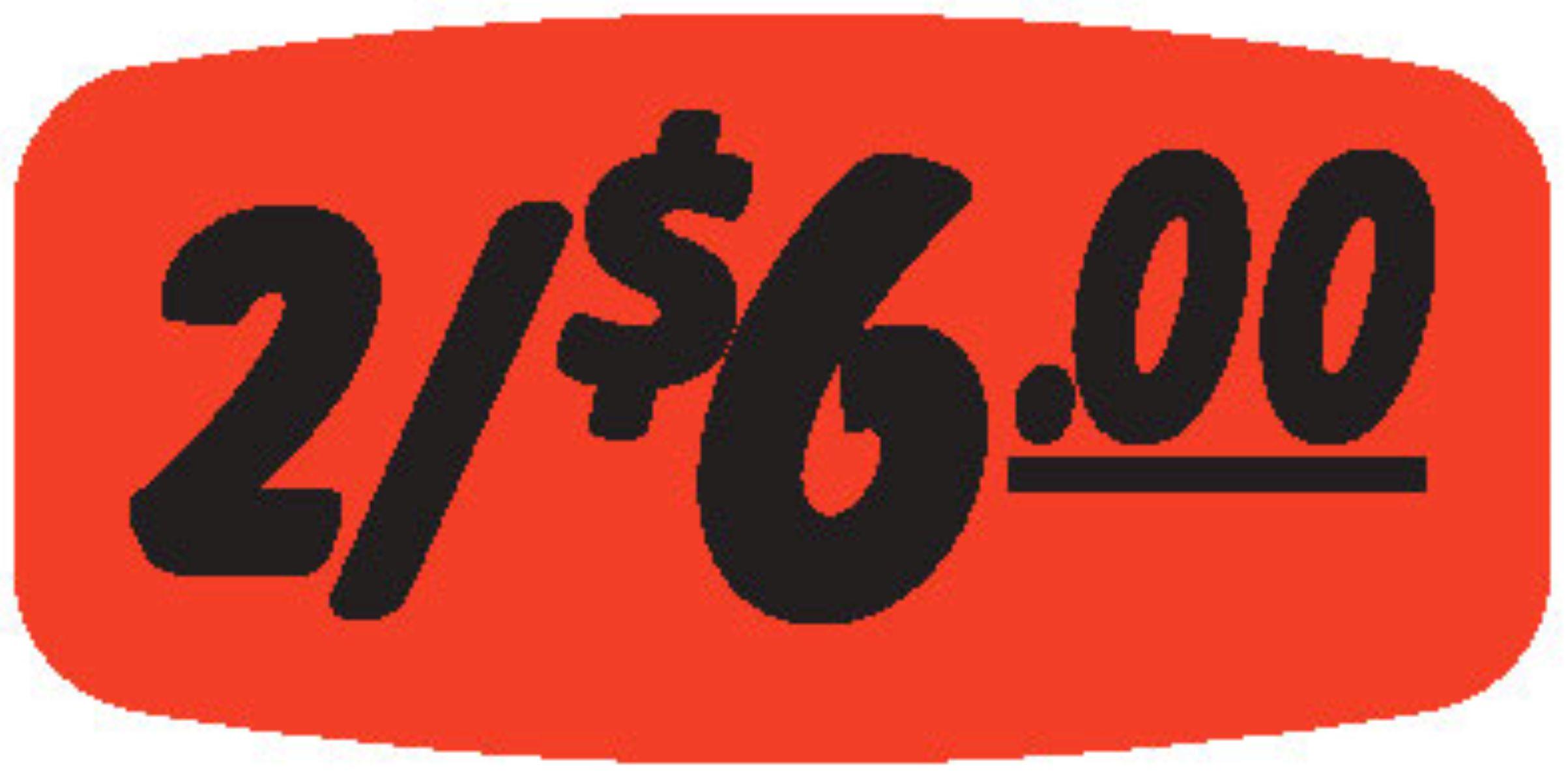 2/$6.00 Label 0.625X1.25 IN Black Fluorescent Red Short Oval 1000 Count/Roll 50 Rolls/Case 50000 Count/Case