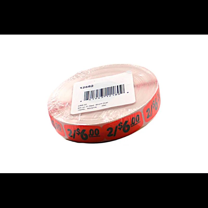 2/$6.00 Label 0.625X1.25 IN Black Fluorescent Red Short Oval 1000 Count/Roll 50 Rolls/Case 50000 Count/Case