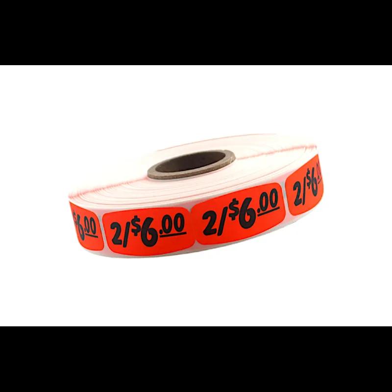 2/$6.00 Label 0.625X1.25 IN Black Fluorescent Red Short Oval 1000 Count/Roll 50 Rolls/Case 50000 Count/Case