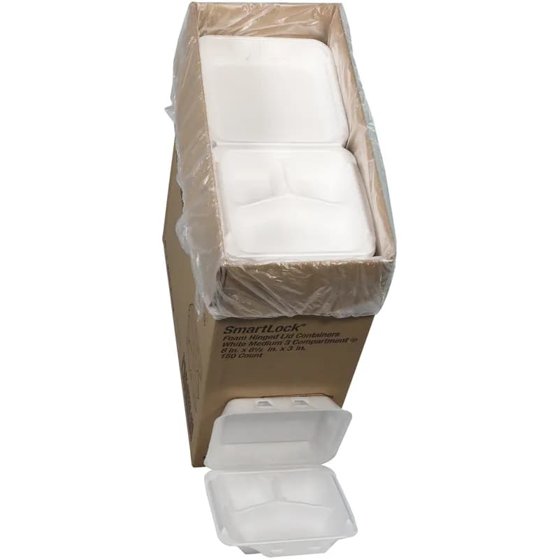 Take-Out Container Hinged With Dome Lid Medium (MED) 8X8.5X3 IN 3 Compartment Polystyrene Foam White Square 150/Case