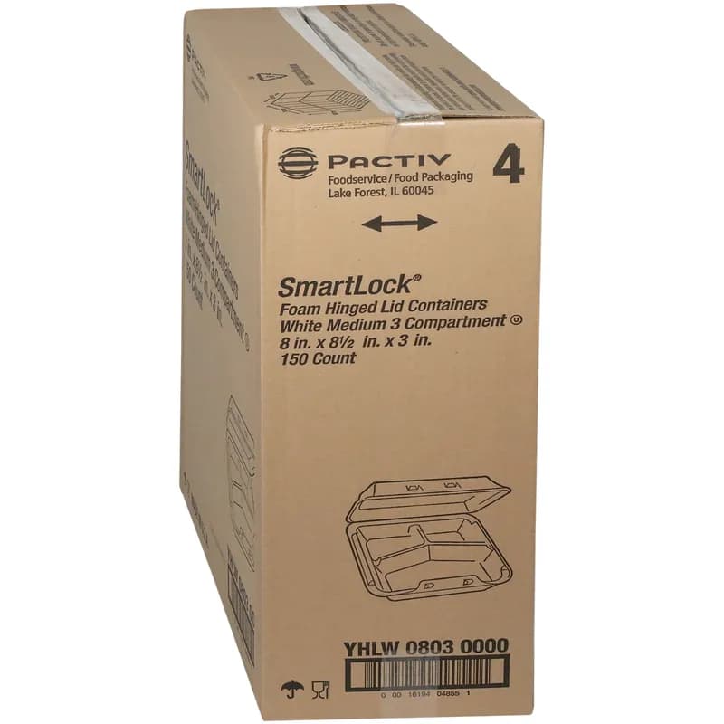 Take-Out Container Hinged With Dome Lid Medium (MED) 8X8.5X3 IN 3 Compartment Polystyrene Foam White Square 150/Case