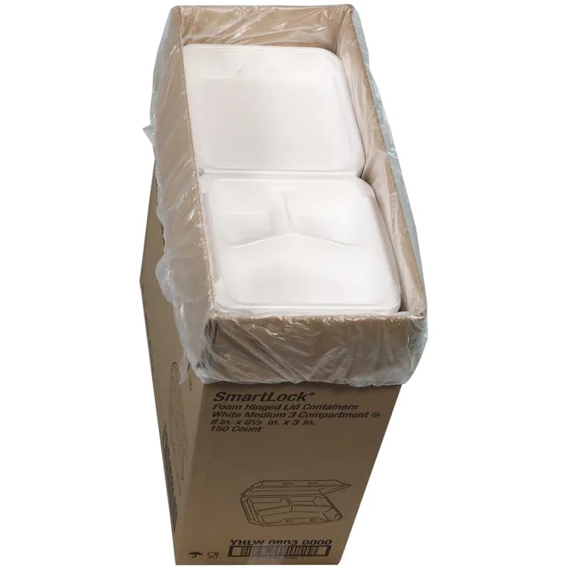 Take-Out Container Hinged With Dome Lid Medium (MED) 8X8.5X3 IN 3 Compartment Polystyrene Foam White Square 150/Case