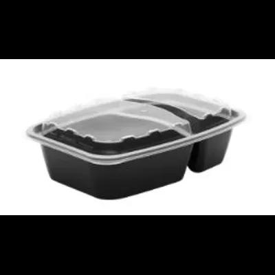 Take-Out Container Base & Lid Combo With Dome Lid 28 OZ 2 Compartment Plastic Black Clear Rectangle 150/Case