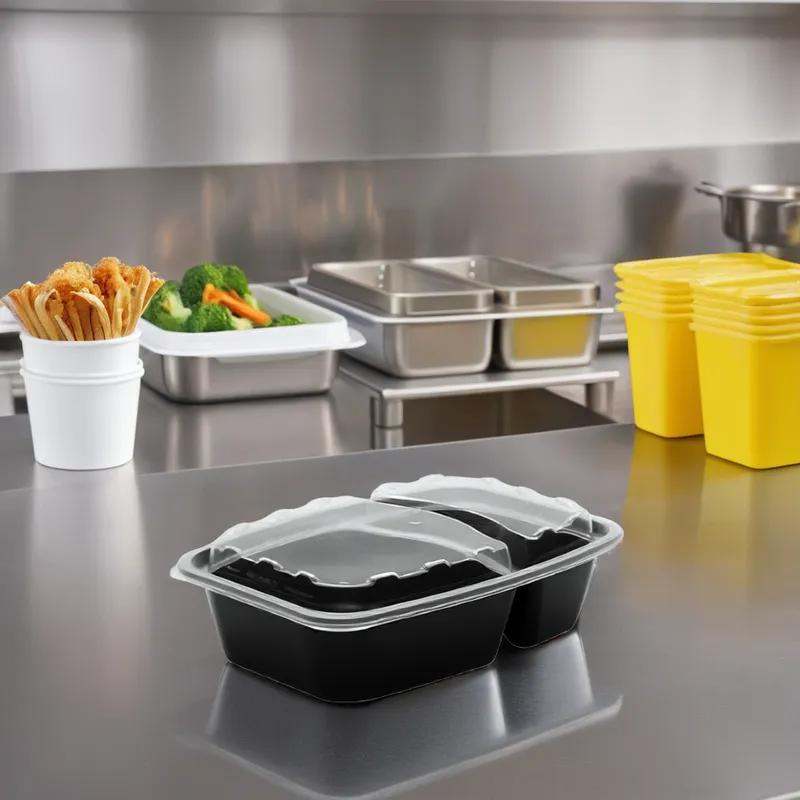 Take-Out Container Base & Lid Combo With Dome Lid 28 OZ 2 Compartment Plastic Black Clear Rectangle 150/Case