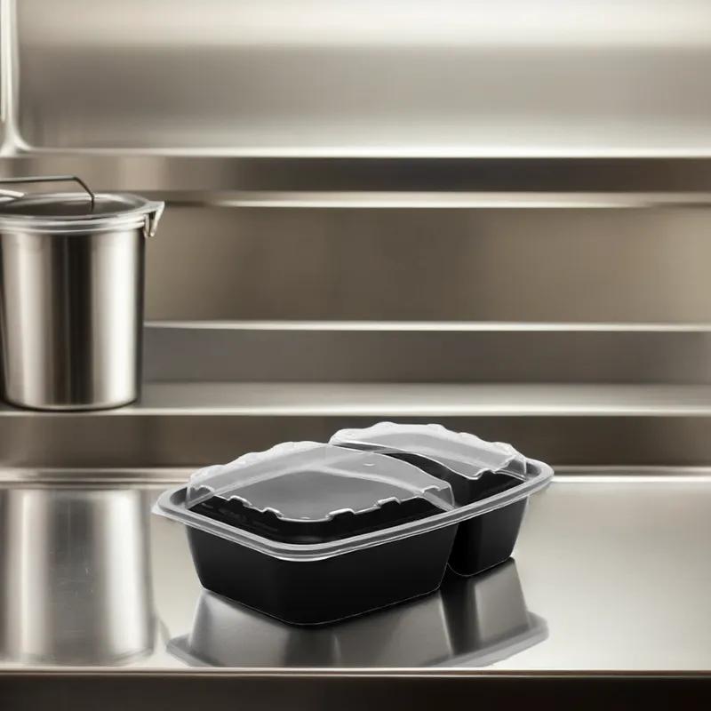 Take-Out Container Base & Lid Combo With Dome Lid 28 OZ 2 Compartment Plastic Black Clear Rectangle 150/Case