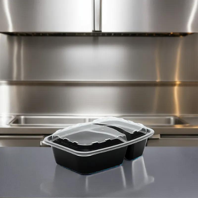 Take-Out Container Base & Lid Combo With Dome Lid 28 OZ 2 Compartment Plastic Black Clear Rectangle 150/Case