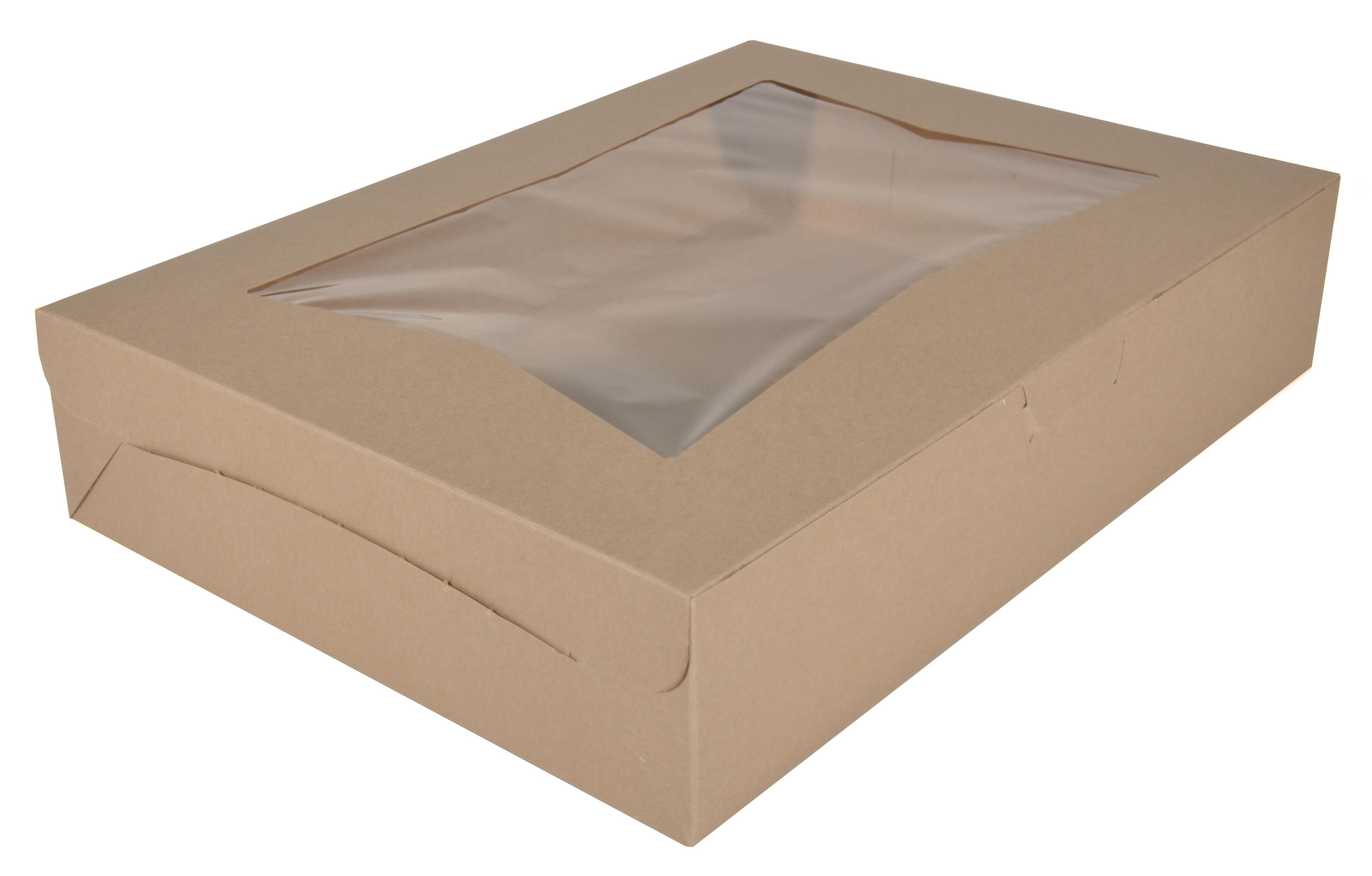 Cake Box 19X14X4 IN Kraft Paperboard Kraft Rectangle Lock Corner Tuck Top With Window 50/Case