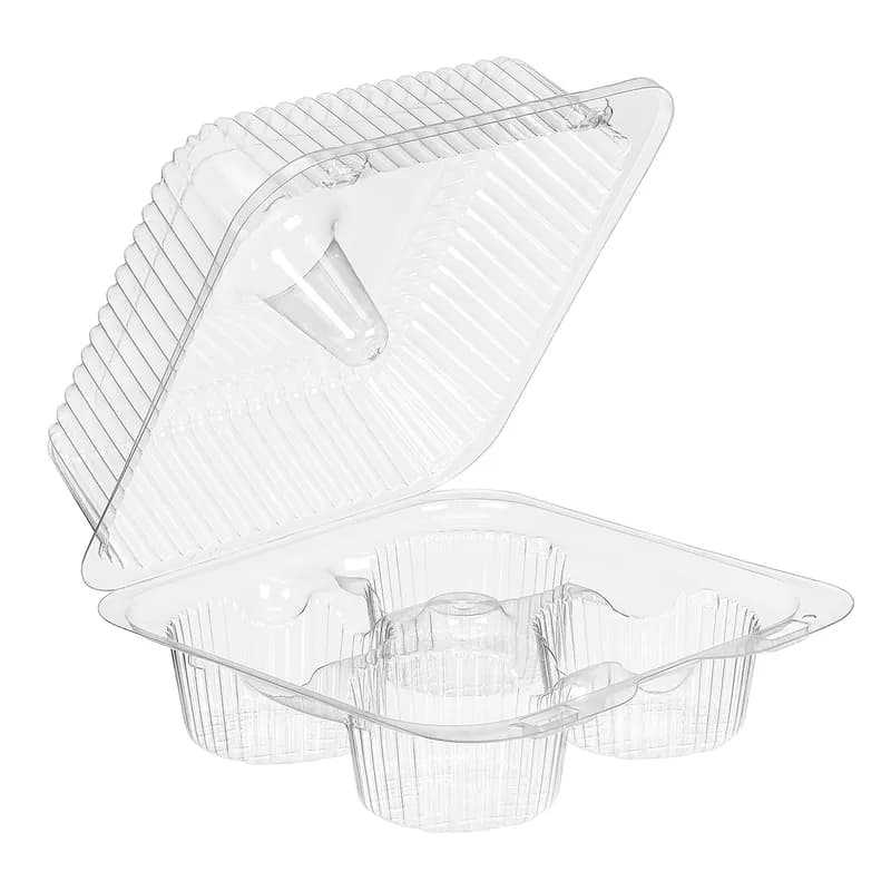 Essentials SureLock Muffin Hinged Container With Dome Lid 6.6875X6.6875X3.3125 IN 4 Compartment RPET Clear Square 288/Case