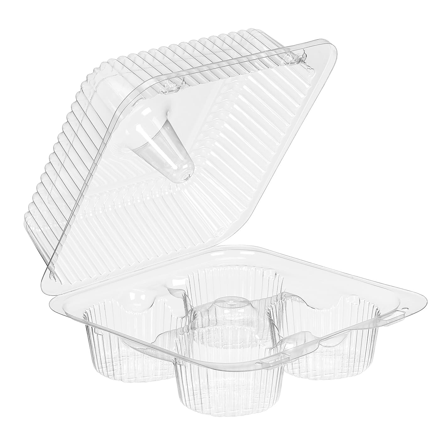 Essentials SureLock Muffin Hinged Container With Dome Lid 6.6875X6.6875X3.3125 IN 4 Compartment RPET Clear Square 288/Case