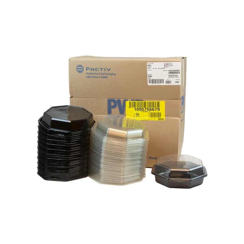 Take-Out Container Hinged 9.1X9X3 IN RPET Clear Black Octagon Leak Resistant 150/Case