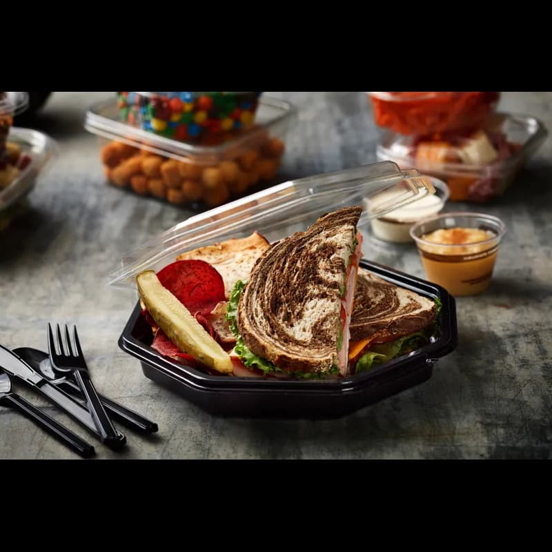 Take-Out Container Hinged 9.1X9X3 IN RPET Clear Black Octagon Leak Resistant 150/Case