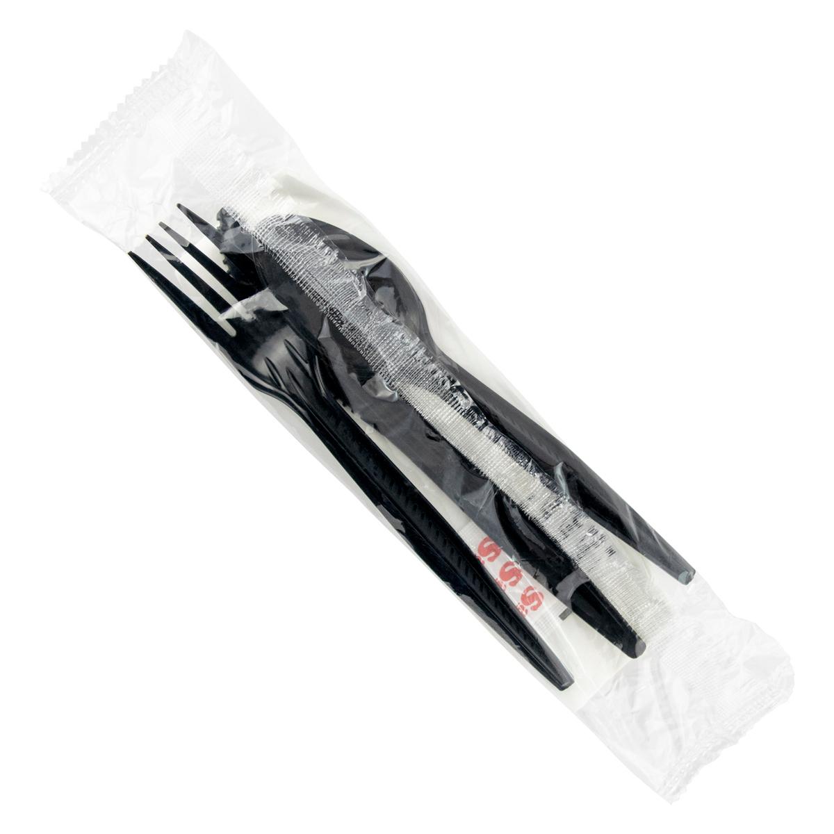 6PC Cutlery Kit PP Black Heavy Duty Individually Wrapped With 13X17 Napkin,Fork,Knife,Salt & Pepper,Spoon 250/Case