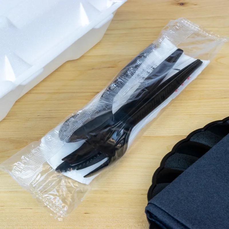 6PC Cutlery Kit PP Black Heavy Duty Individually Wrapped With 13X17 Napkin,Fork,Knife,Salt & Pepper,Spoon 250/Case