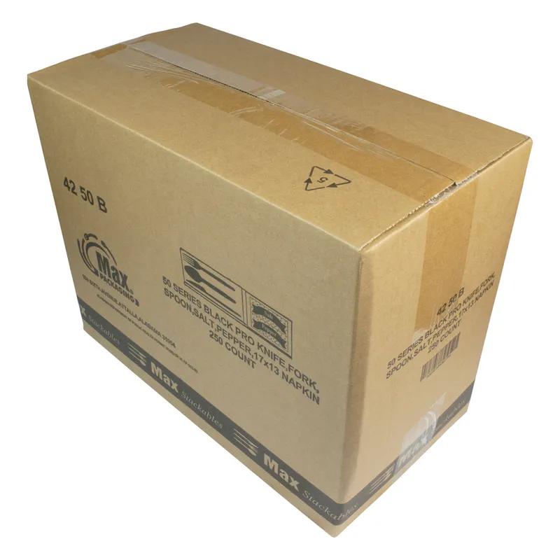 6PC Cutlery Kit PP Black Heavy Duty Individually Wrapped With 13X17 Napkin,Fork,Knife,Salt & Pepper,Spoon 250/Case