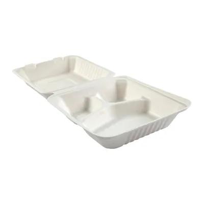 Take-Out Container Hinged With Dome Lid Medium (MED) 8X8X3.19 IN 3 Compartment Molded Fiber White Square Deep 100 Count/Pack 2 Packs/Case