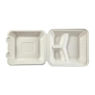 Take-Out Container Hinged With Dome Lid Medium (MED) 8X8X3.19 IN 3 Compartment Molded Fiber White Square Deep 100 Count/Pack 2 Packs/Case