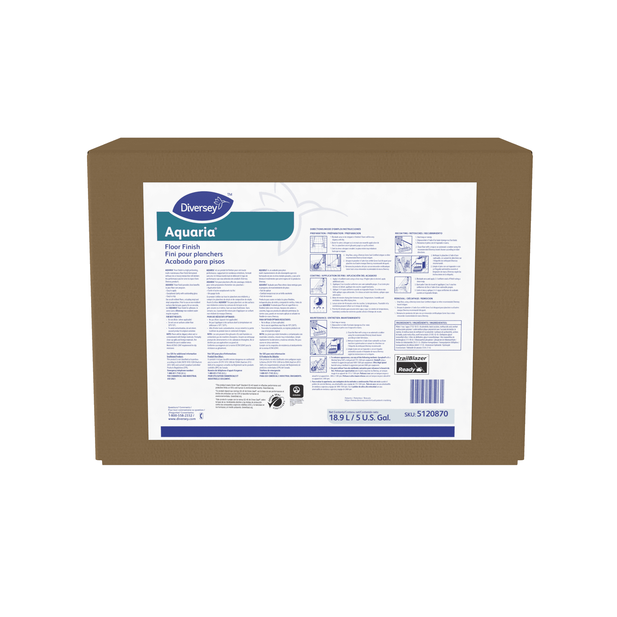 Aquaria® Floor Finish 5 GAL Liquid RTU Bag-in-Box (BIB) 20% Solids 1/Case