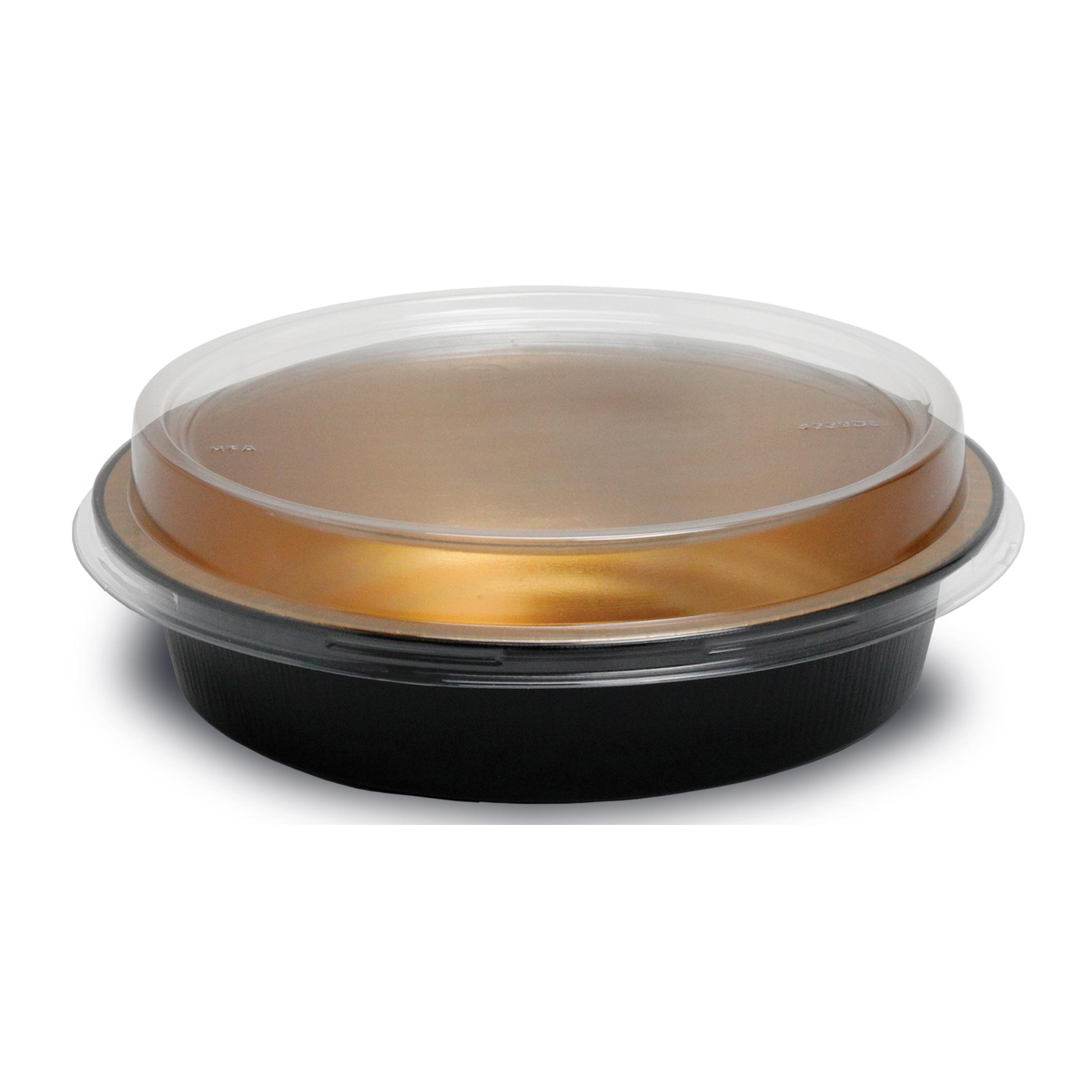 Handi-Max Take-Out Container Base & Lid Combo With Dome Lid 24 OZ Aluminum Plastic Black Gold Clear Round 50/Case