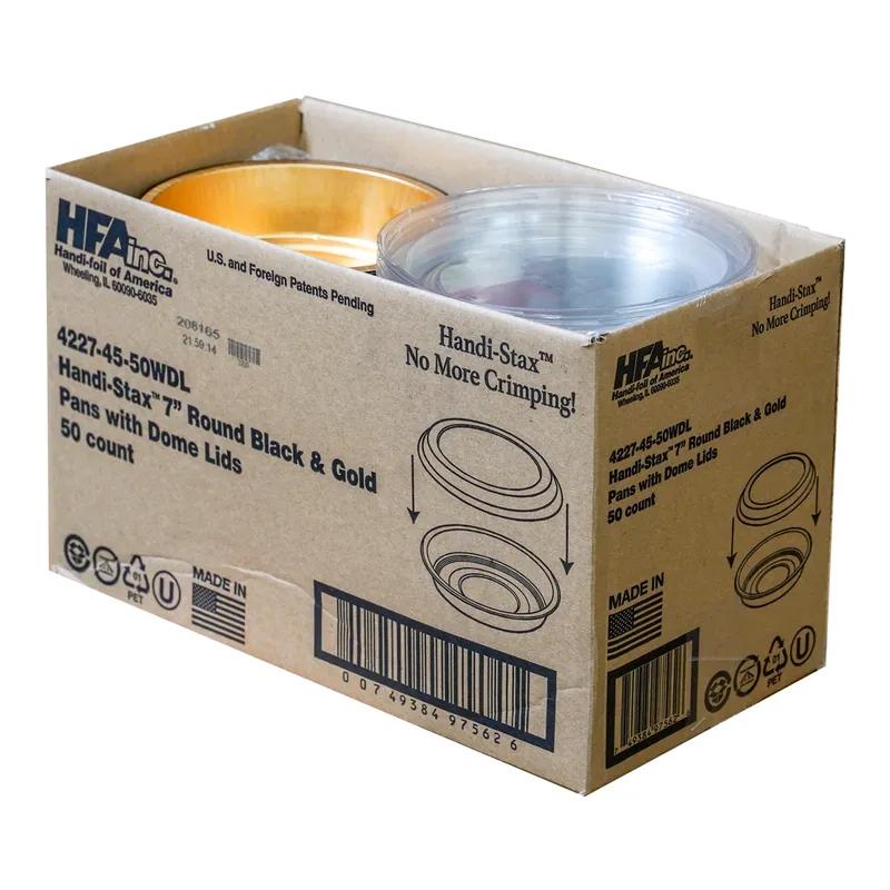 Handi-Max Take-Out Container Base & Lid Combo With Dome Lid 24 OZ Aluminum Plastic Black Gold Clear Round 50/Case