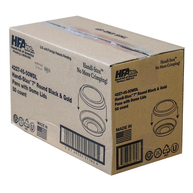 Handi-Max Take-Out Container Base & Lid Combo With Dome Lid 24 OZ Aluminum Plastic Black Gold Clear Round 50/Case