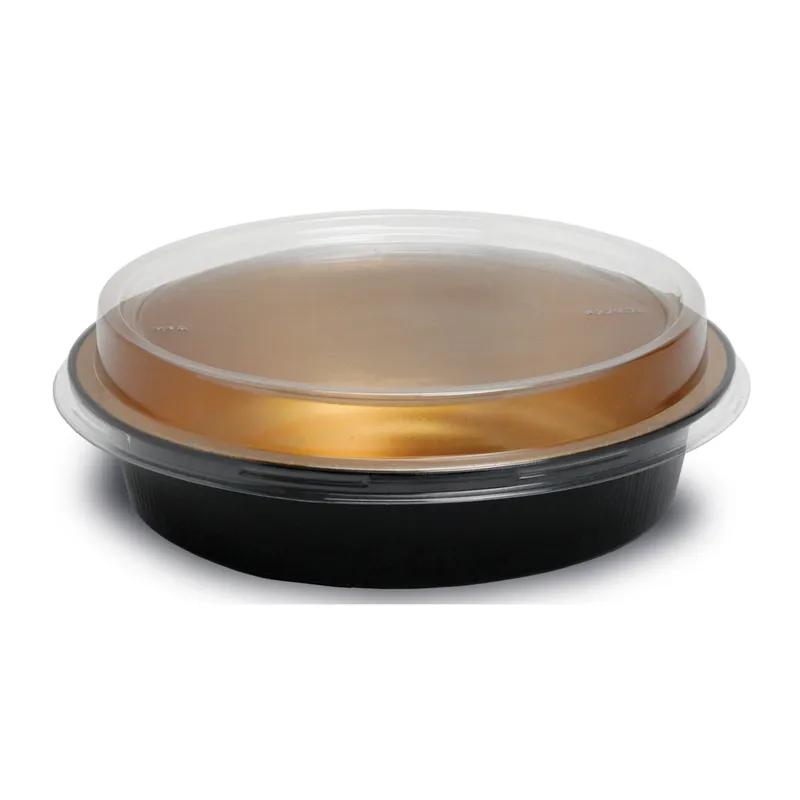 Handi-Max Take-Out Container Base & Lid Combo With Dome Lid 24 OZ Aluminum Plastic Black Gold Clear Round 50/Case