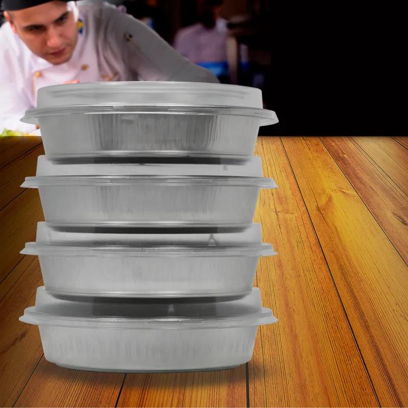 Handi-Max Take-Out Container Base & Lid Combo With Dome Lid 7 IN Aluminum Plastic Silver Clear Round 50/Case