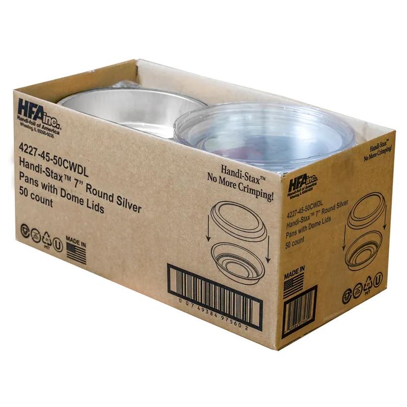 Handi-Max Take-Out Container Base & Lid Combo With Dome Lid 7 IN Aluminum Plastic Silver Clear Round 50/Case
