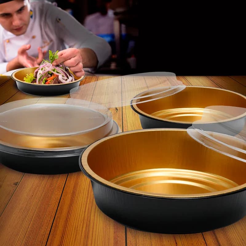 Handi-Max Take-Out Container Base & Lid Combo With Dome Lid 48 OZ Aluminum Plastic Black Gold Clear Round 50/Case