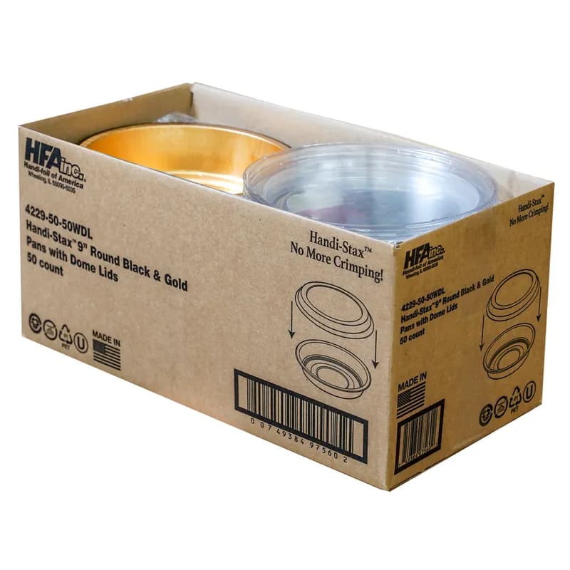 Handi-Max Take-Out Container Base & Lid Combo With Dome Lid 48 OZ Aluminum Plastic Black Gold Clear Round 50/Case