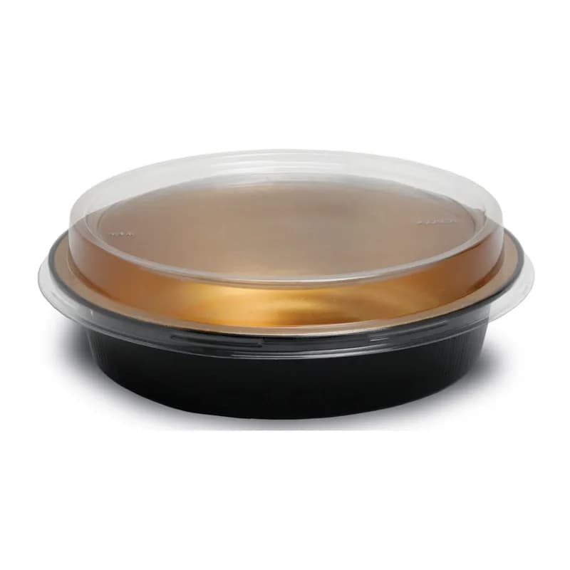 Handi-Max Take-Out Container Base & Lid Combo With Dome Lid 48 OZ Aluminum Plastic Black Gold Clear Round 50/Case