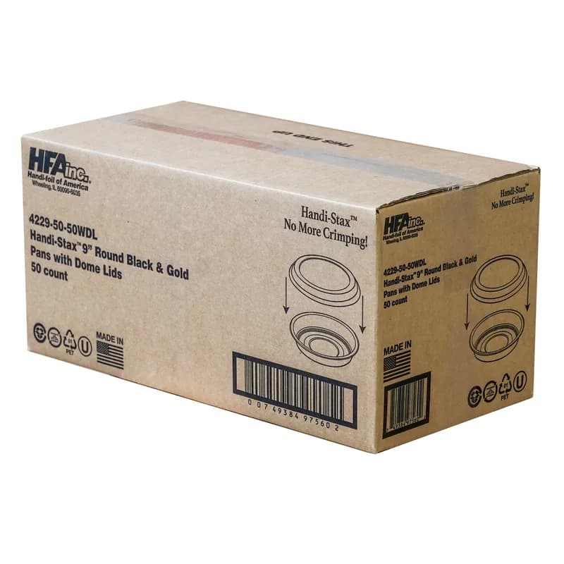 Handi-Max Take-Out Container Base & Lid Combo With Dome Lid 48 OZ Aluminum Plastic Black Gold Clear Round 50/Case