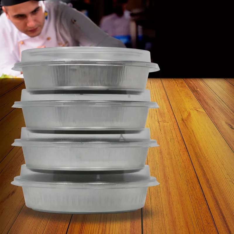 Handi-Max Take-Out Container Base & Lid Combo With Dome Lid 48 OZ Aluminum Plastic Silver Clear Round 50/Case