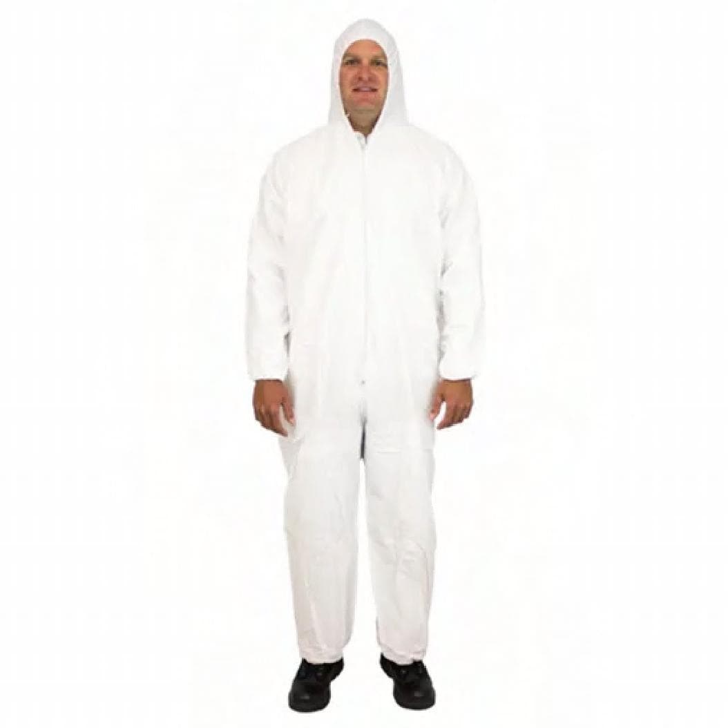 ProMax® Coveralls Large (LG) White Microporous Fabric Attached Hood Zippered Front Elastic Wrists & Ankles 25/Case