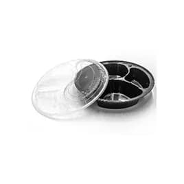 Take-Out Container Base & Lid Combo With Dome Lid 39 OZ 3 Compartment Plastic Black Clear Round 150/Case