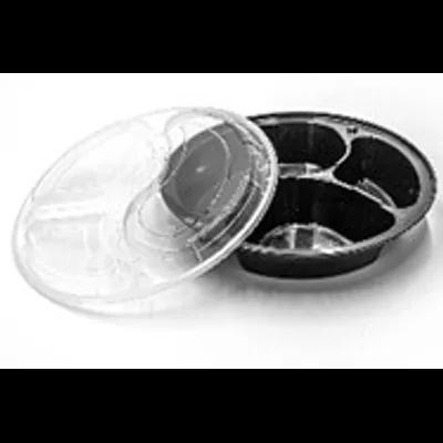 Take-Out Container Base & Lid Combo With Dome Lid 39 OZ 3 Compartment Plastic Black Clear Round 150/Case