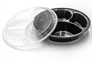 Take-Out Container Base & Lid Combo With Dome Lid 39 OZ 3 Compartment Plastic Black Clear Round 150/Case